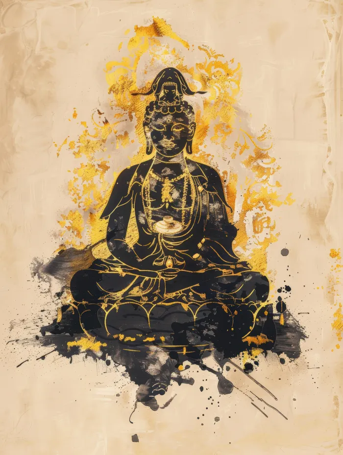 Abstract black ink silhouette of Lord Buddha in lotus posture surrounded by a radiant golden splatter halo. | PrintPosters.in